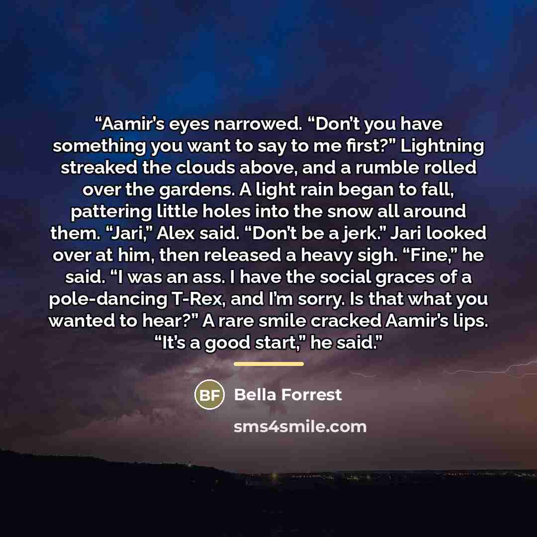 “Aamir’s eyes narrowed. “Don’t you have something you want to say to me first?” Lightning streaked the clouds above, and a rumble rolled over the gardens. A light rain began to fall, pattering little holes into the snow all around them. “Jari,” Alex said. “Don’t be a jerk.” Jari looked over at him…” quote by Bella Forrest