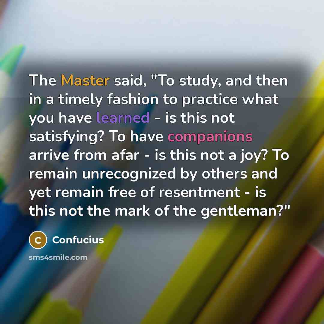 “The Master said, "To study, and then in a timely fashion to practice what you have learned - is this not satisfying? To have companions arrive from afar - is this not a joy? To remain unrecognized by others and yet remain free of resentment - is this not the mark of the gentleman?"” quote by Confucius