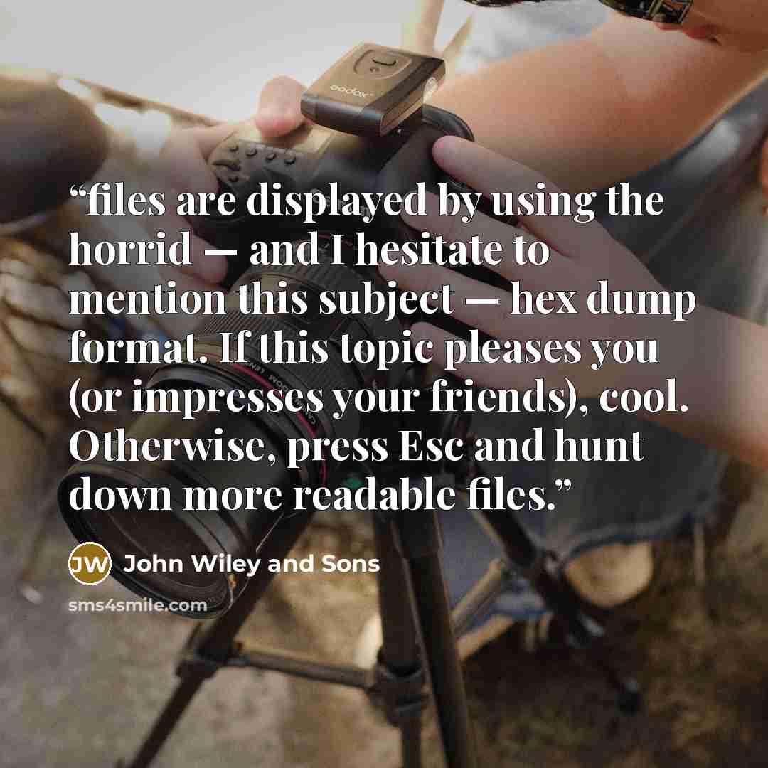 “files are displayed by using the horrid — and I hesitate to mention this subject — hex dump format. If this topic pleases you (or impresses your friends), cool. Otherwise, press Esc and hunt down more readable files.” quote by John Wiley and Sons