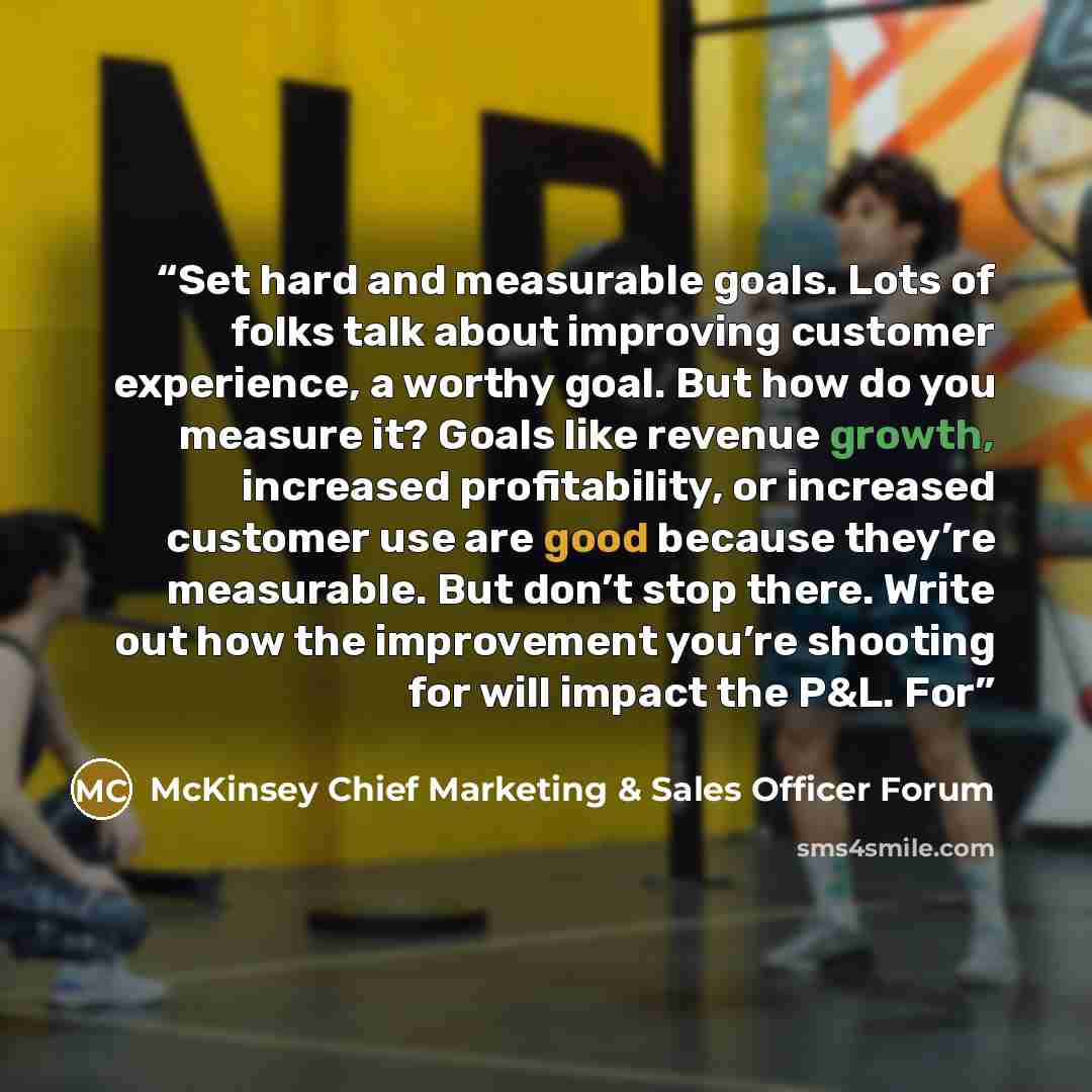 “Set hard and measurable goals. Lots of folks talk about improving customer experience, a worthy goal. But how do you measure it? Goals like revenue growth, increased profitability, or increased customer use are good because they’re measurable. But don’t stop there. Write out how the improvement…” quote by McKinsey Chief Marketing & Sales Officer Forum