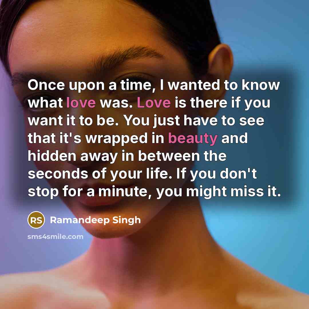 “Once upon a time, I wanted to know what love was. Love is there if you want it to be. You just have to see that it's wrapped in beauty and hidden away in between the seconds of your life. If you don't stop for a minute, you might miss it.” quote by Ramandeep Singh