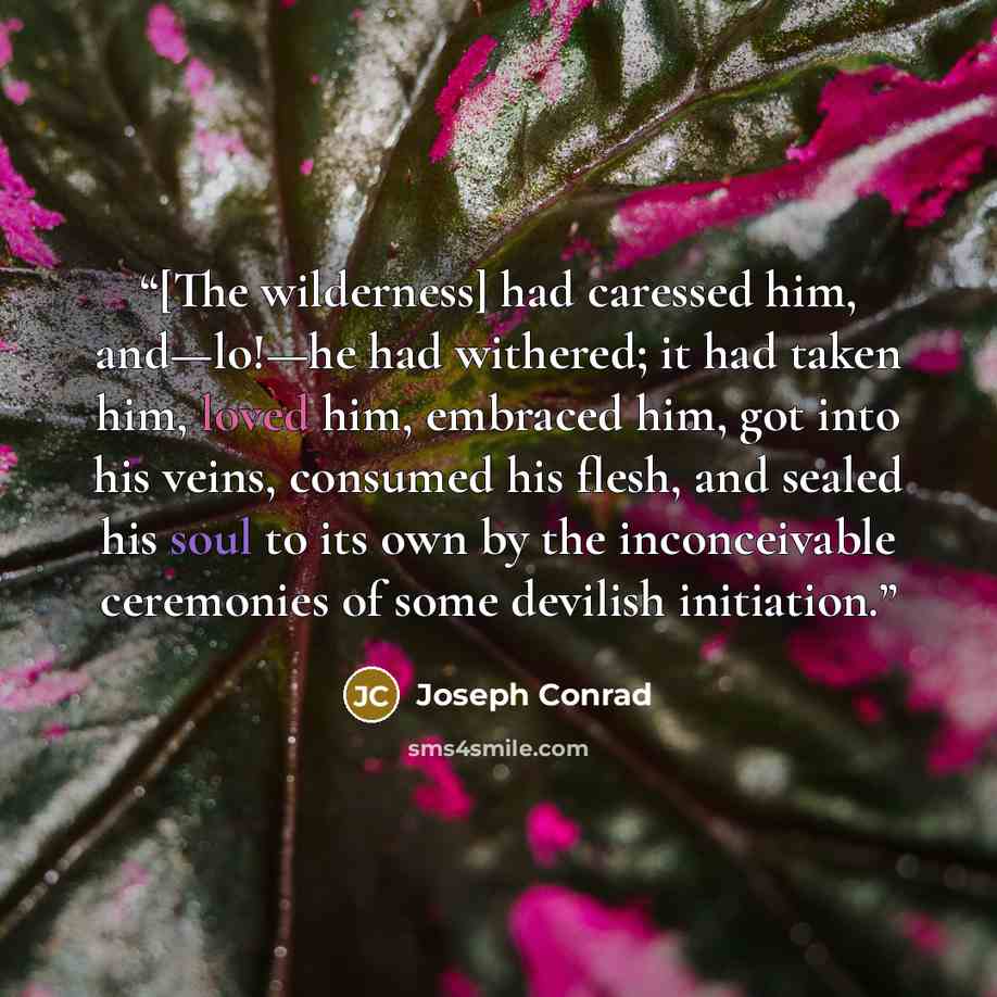 “[The wilderness] had caressed him, and—lo!—he had withered; it had taken him, loved him, embraced him, got into his veins, consumed his flesh, and sealed his soul to its own by the inconceivable ceremonies of some devilish initiation.” quote by Joseph Conrad