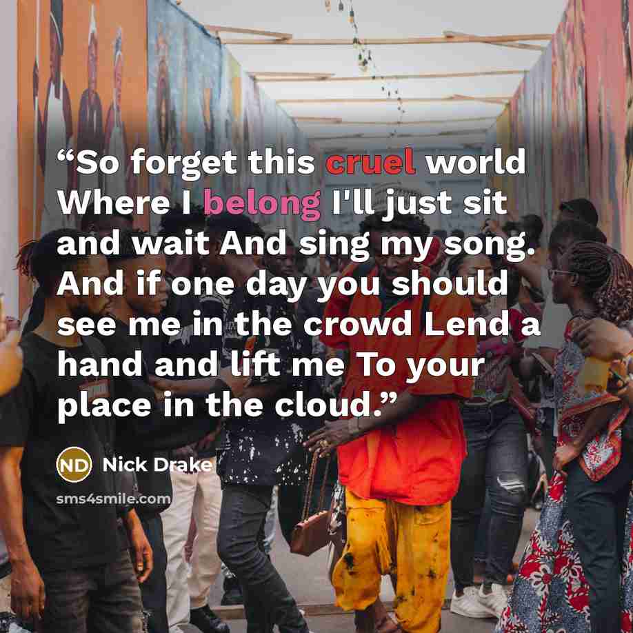 “So forget this cruel world Where I belong I'll just sit and wait And sing my song. And if one day you should see me in the crowd Lend a hand and lift me To your place in the cloud.” quote by Nick Drake
