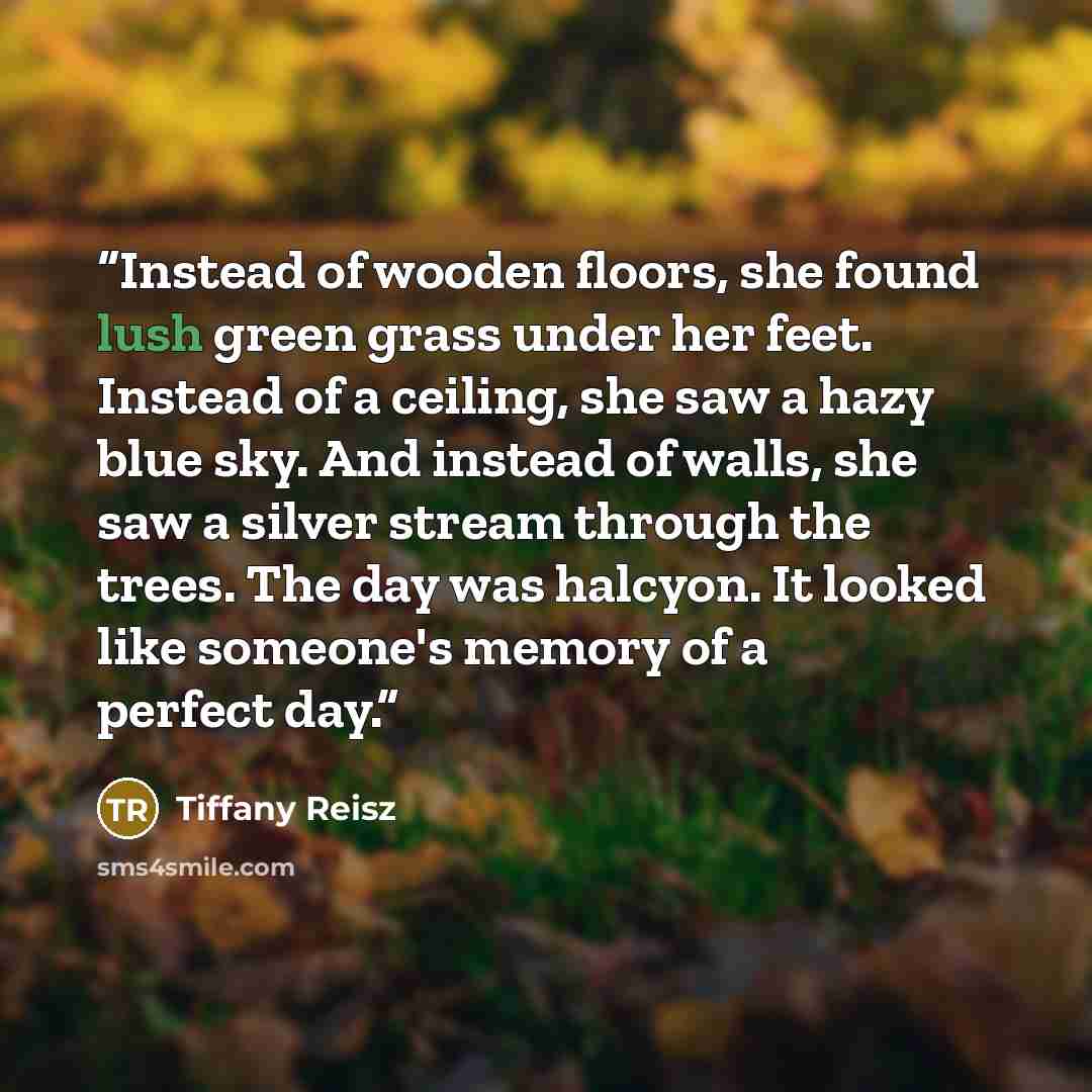 “Instead of wooden floors, she found lush green grass under her feet. Instead of a ceiling, she saw a hazy blue sky. And instead of walls, she saw a silver stream through the trees. The day was halcyon. It looked like someone's memory of a perfect day.” quote by Tiffany Reisz