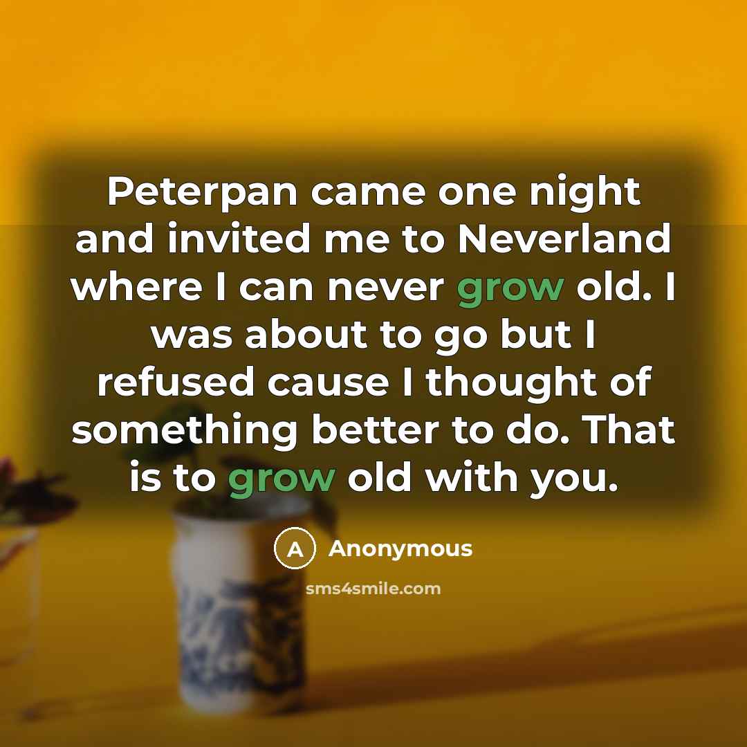 “Peterpan came one night and invited me to Neverland where I can never grow old. I was about to go but I refused cause I thought of something better to do. That is to grow old with you.” quote by Anonymous