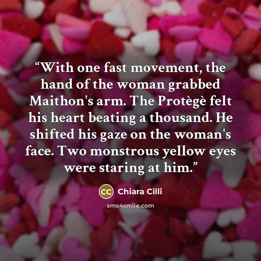 “With one fast movement, the hand of the woman grabbed Maithon's arm. The Protègè felt his heart beating a thousand. He shifted his gaze on the woman's face. Two monstrous yellow eyes were staring at him.” quote by Chiara Cilli