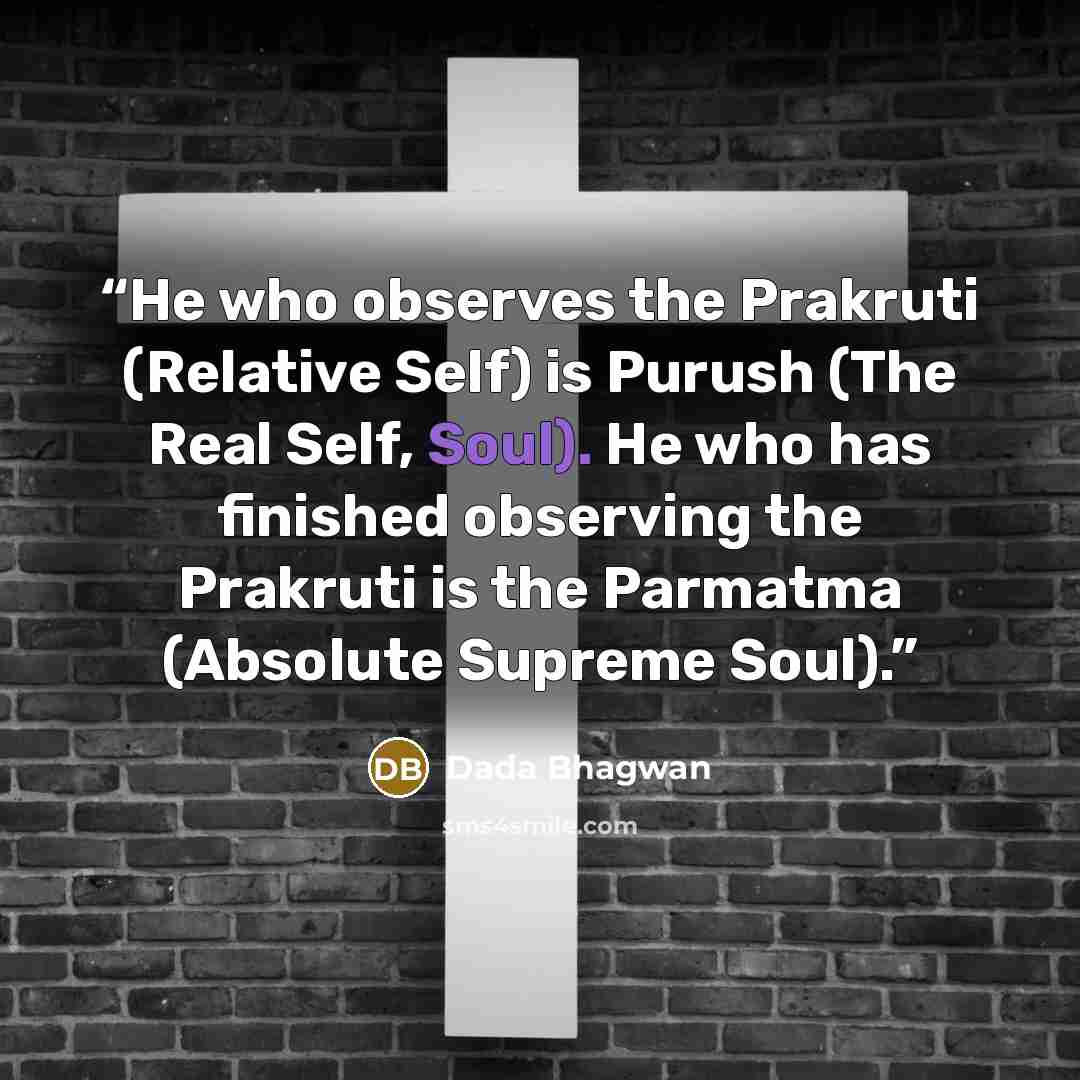 “He who observes the Prakruti (Relative Self) is Purush (The Real Self, Soul). He who has finished observing the Prakruti is the Parmatma (Absolute Supreme Soul).” quote by Dada Bhagwan