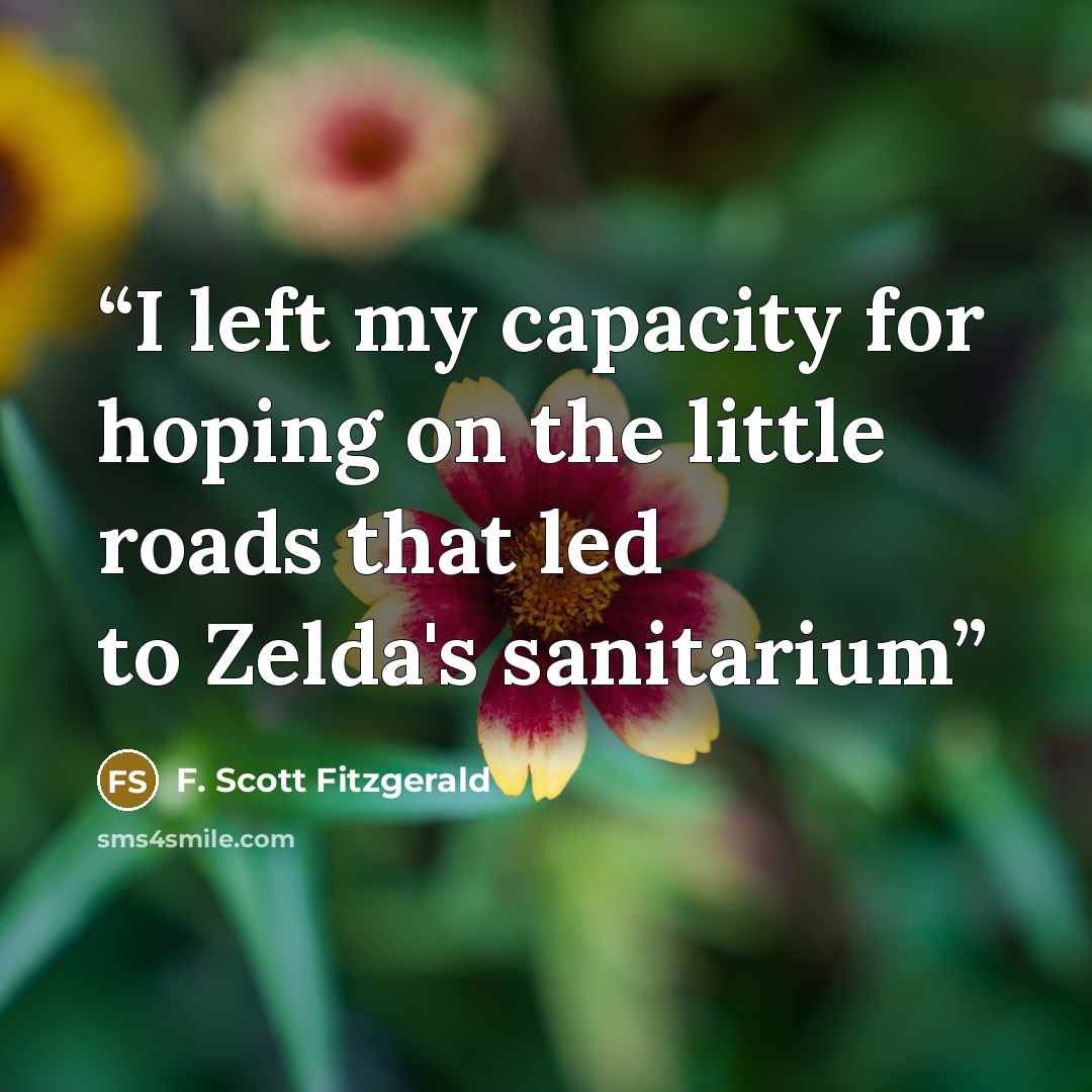 “I left my capacity for hoping on the little roads that led to Zelda's sanitarium” quote by F. Scott Fitzgerald