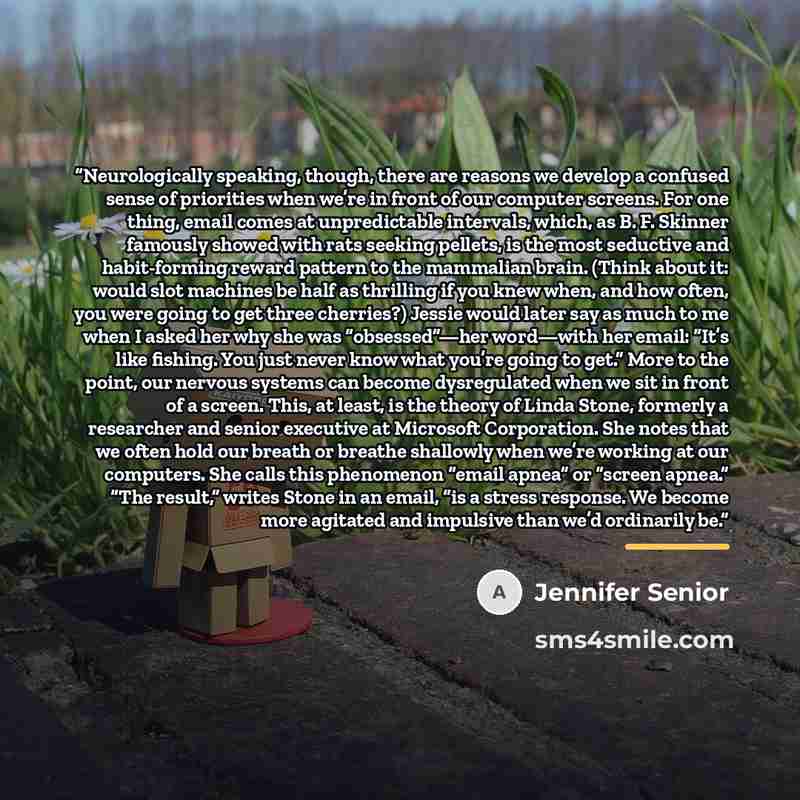 “Neurologically speaking, though, there are reasons we develop a confused sense of priorities when we’re in front of our computer screens. For one thing, email comes at unpredictable intervals, which, as B. F. Skinner famously showed with rats seeking pellets, is the most seductive and…” quote by Jennifer Senior