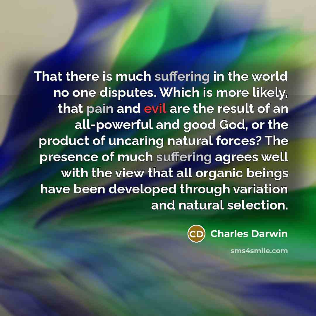 “That there is much suffering in the world no one disputes. Which is more likely, that pain and evil are the result of an all-powerful and good God, or the product of uncaring natural forces? The presence of much suffering agrees well with the view that all organic beings have been developed…” quote by Charles Darwin