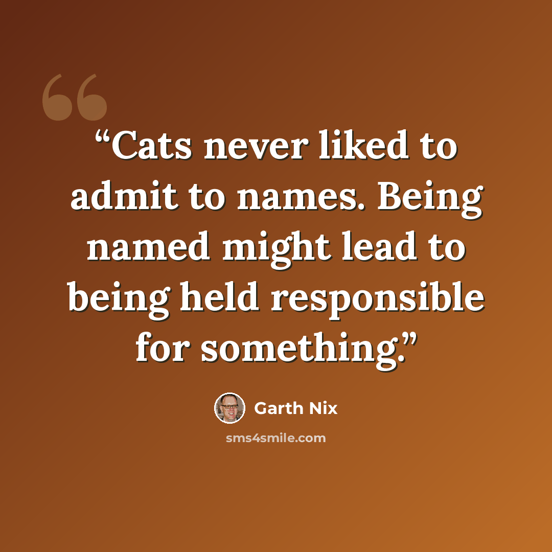 “Cats never liked to admit to names. Being named might lead to being held responsible for something.” quote by Garth Nix
