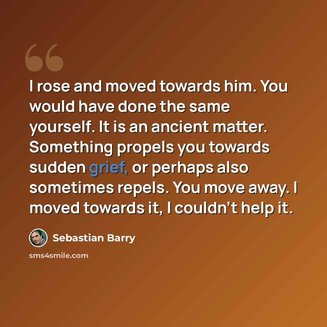 “I rose and moved towards him. You would have done the same yourself. It is an ancient matter. Something propels you towards sudden grief, or perhaps also sometimes repels. You move away. I moved towards it, I couldn't help it.” quote by Sebastian Barry