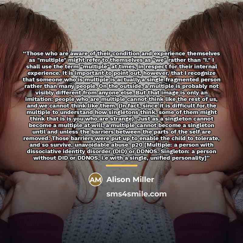 “Those who are aware of their condition and experience themselves as "multiple" might refer to themselves as "we" rather than "I." I shall use the term "multiple" at times, in respect for their internal experience. It is important to point out, however, that I recognize that someone who is multiple…” quote by Alison Miller