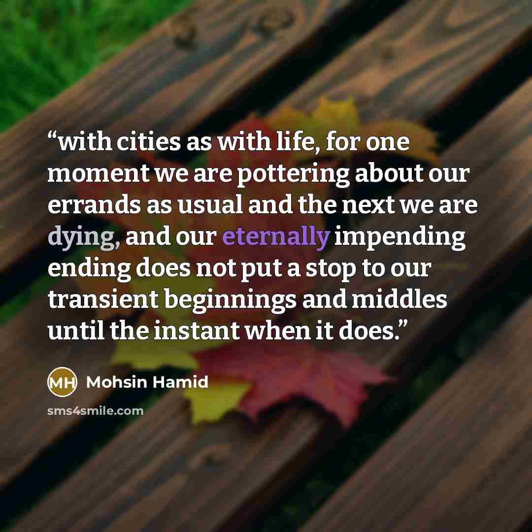 “with cities as with life, for one moment we are pottering about our errands as usual and the next we are dying, and our eternally impending ending does not put a stop to our transient beginnings and middles until the instant when it does.” quote by Mohsin Hamid
