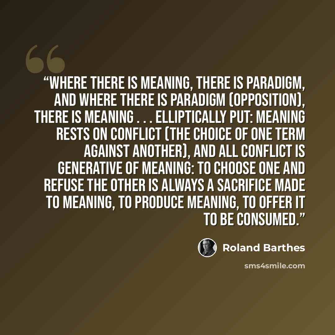 “Where there is meaning, there is paradigm, and where there is paradigm (opposition), there is meaning . . . elliptically put: meaning rests on conflict (the choice of one term against another), and all conflict is generative of meaning: to choose one and refuse the other is always a sacrifice made…” quote by Roland Barthes