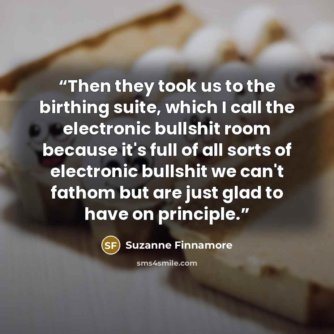 “Then they took us to the birthing suite, which I call the electronic bullshit room because it's full of all sorts of electronic bullshit we can't fathom but are just glad to have on principle.” quote by Suzanne Finnamore