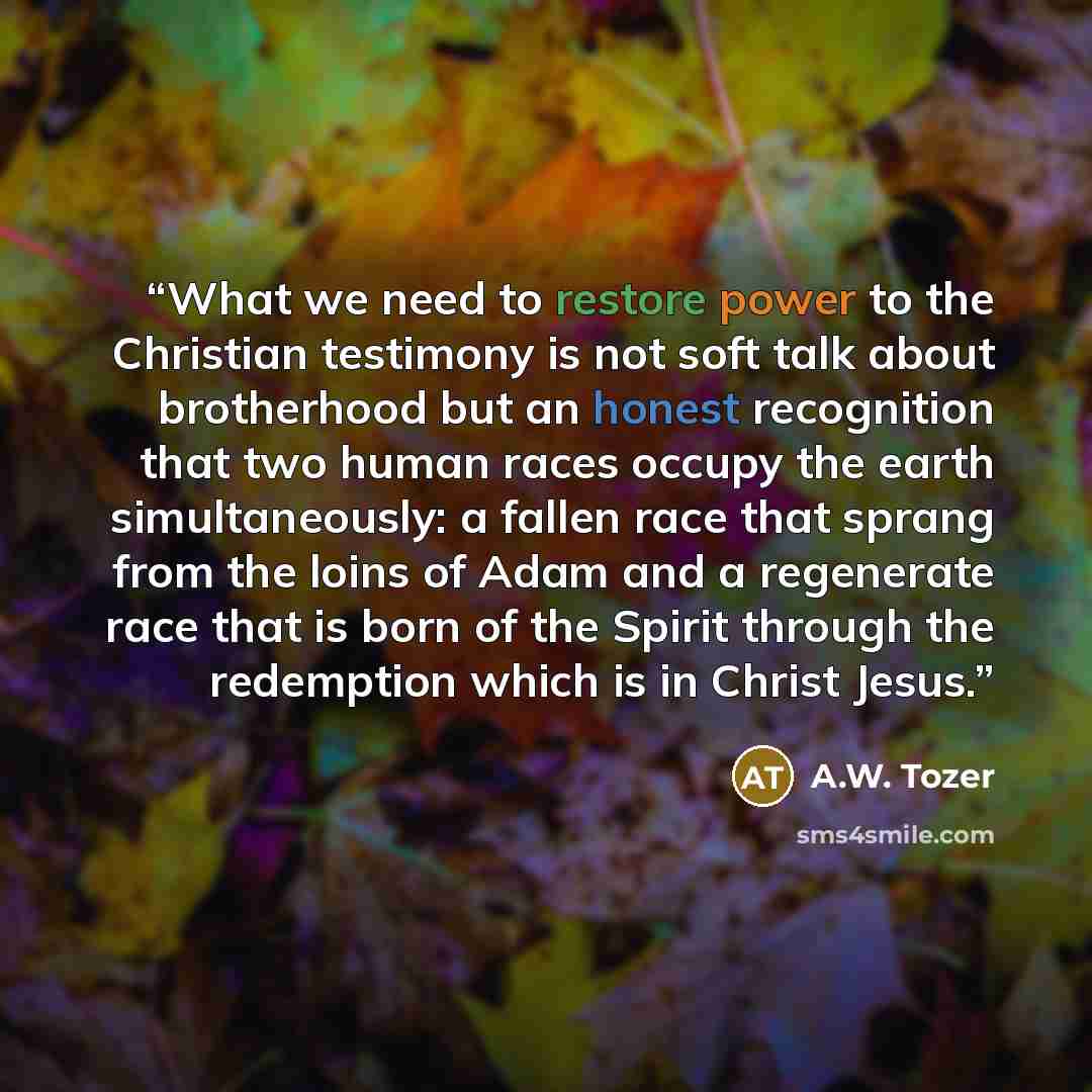 “What we need to restore power to the Christian testimony is not soft talk about brotherhood but an honest recognition that two human races occupy the earth simultaneously: a fallen race that sprang from the loins of Adam and a regenerate race that is born of the Spirit through the redemption which…” quote by A.W. Tozer