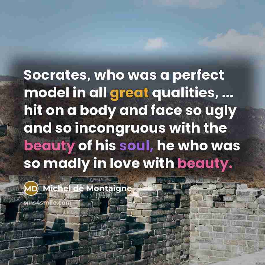 “Socrates, who was a perfect model in all great qualities, ... hit on a body and face so ugly and so incongruous with the beauty of his soul, he who was so madly in love with beauty.” quote by Michel de Montaigne
