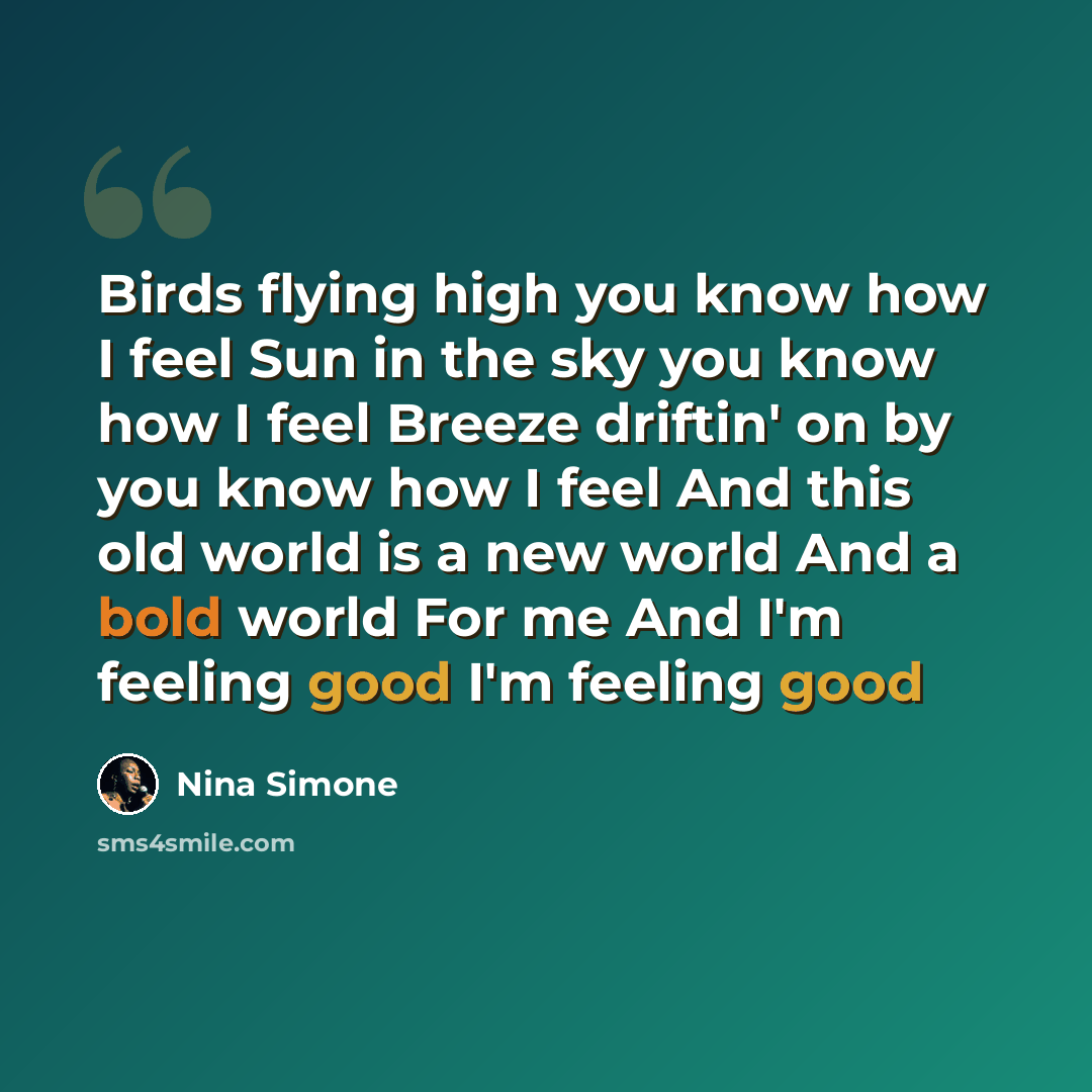 “Birds flying high you know how I feel Sun in the sky you know how I feel Breeze driftin' on by you know how I feel And this old world is a new world And a bold world For me And I'm feeling good I'm feeling good” quote by Nina Simone