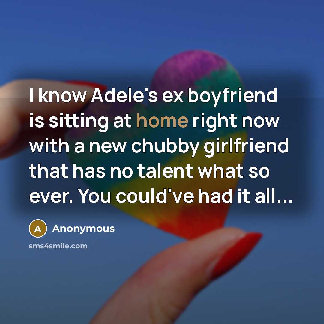 “I know Adele's ex boyfriend is sitting at home right now with a new chubby girlfriend that has no talent what so ever. You could've had it all...” quote by Anonymous