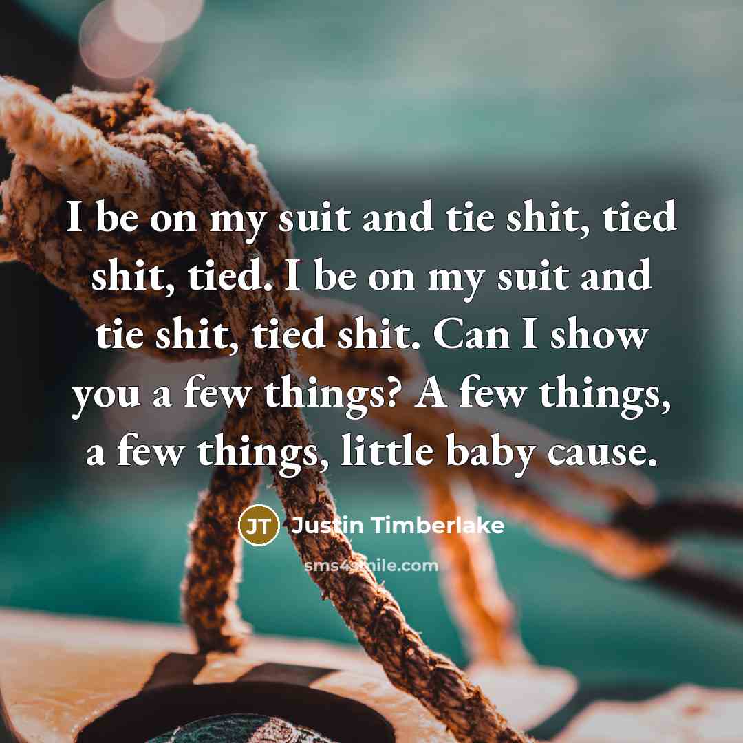 “I be on my suit and tie shit, tied shit, tied. I be on my suit and tie shit, tied shit. Can I show you a few things? A few things, a few things, little baby cause.” quote by Justin Timberlake