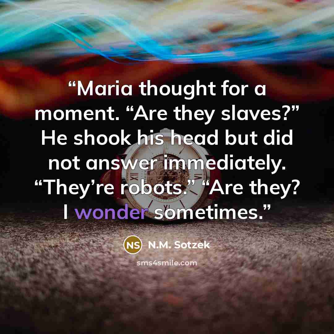 “Maria thought for a moment. “Are they slaves?” He shook his head but did not answer immediately. “They’re robots.” “Are they? I wonder sometimes.” quote by N.M. Sotzek