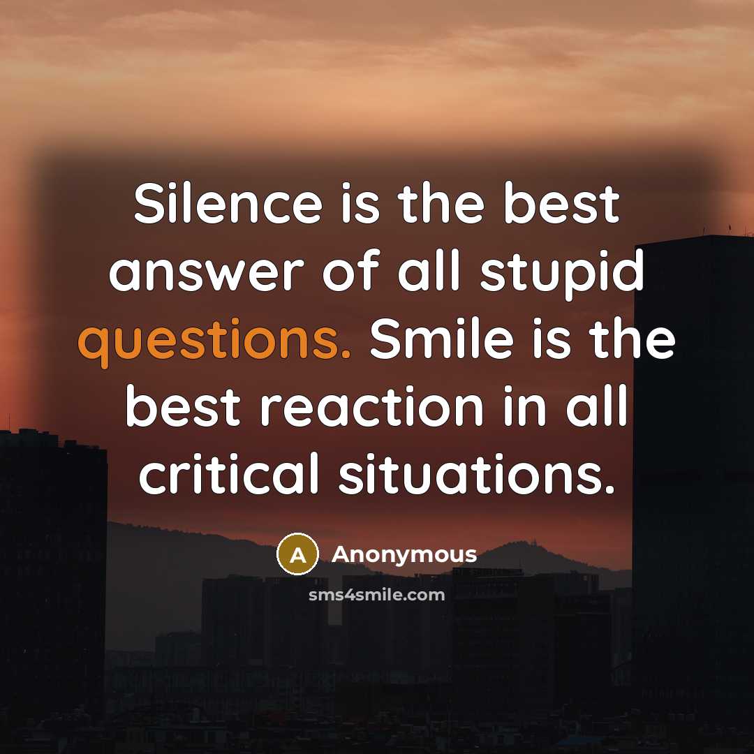 “Silence is the best answer of all stupid questions. Smile is the best reaction in all critical situations.” quote by Anonymous