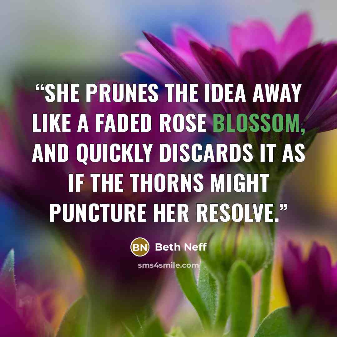“She prunes the idea away like a faded rose blossom, and quickly discards it as if the thorns might puncture her resolve.” quote by Beth Neff