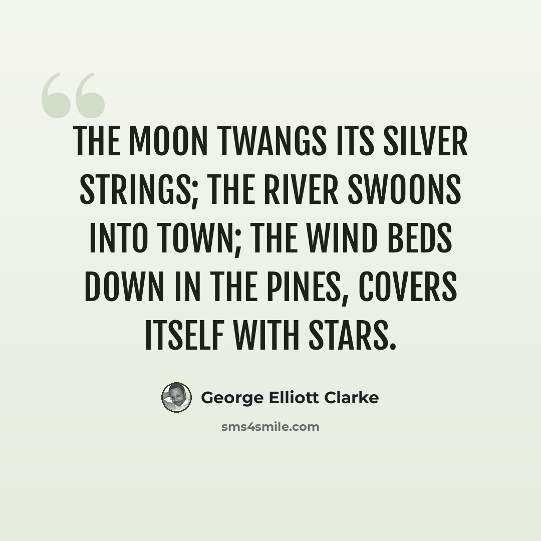 “The moon twangs its silver strings; The river swoons into town; The wind beds down in the pines, Covers itself with stars.” quote by George Elliott Clarke