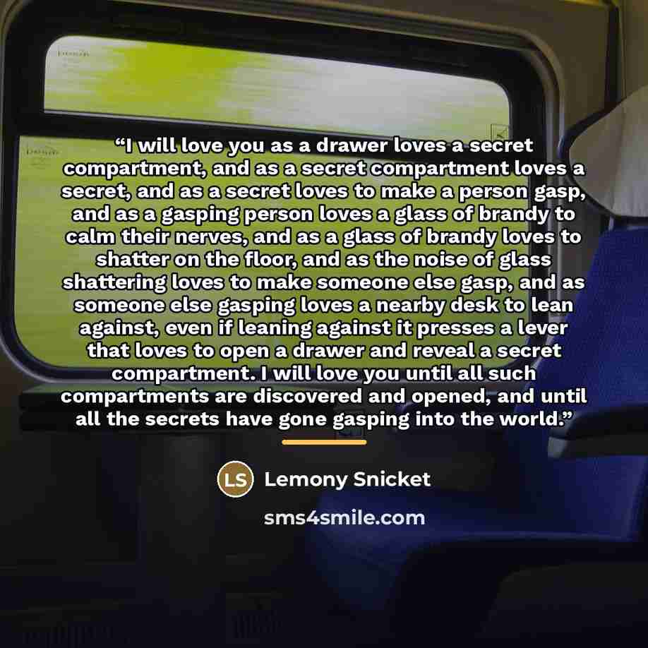 “I will love you as a drawer loves a secret compartment, and as a secret compartment loves a secret, and as a secret loves to make a person gasp, and as a gasping person loves a glass of brandy to calm their nerves, and as a glass of brandy loves to shatter on the floor, and as the noise of glass…” quote by Lemony Snicket