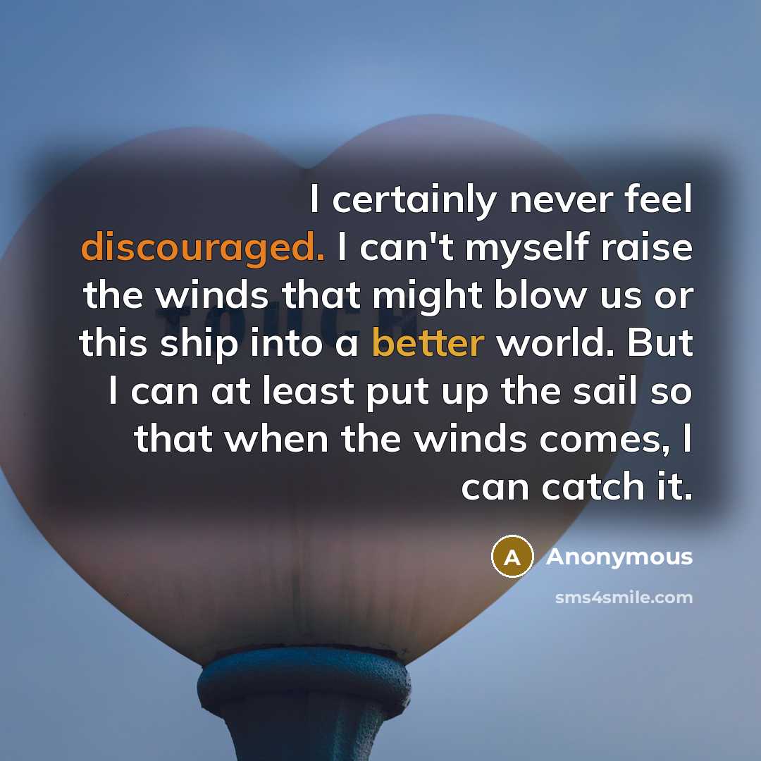 “I certainly never feel discouraged. I can't myself raise the winds that might blow us or this ship into a better world. But I can at least put up the sail so that when the winds comes, I can catch it.” quote by Anonymous