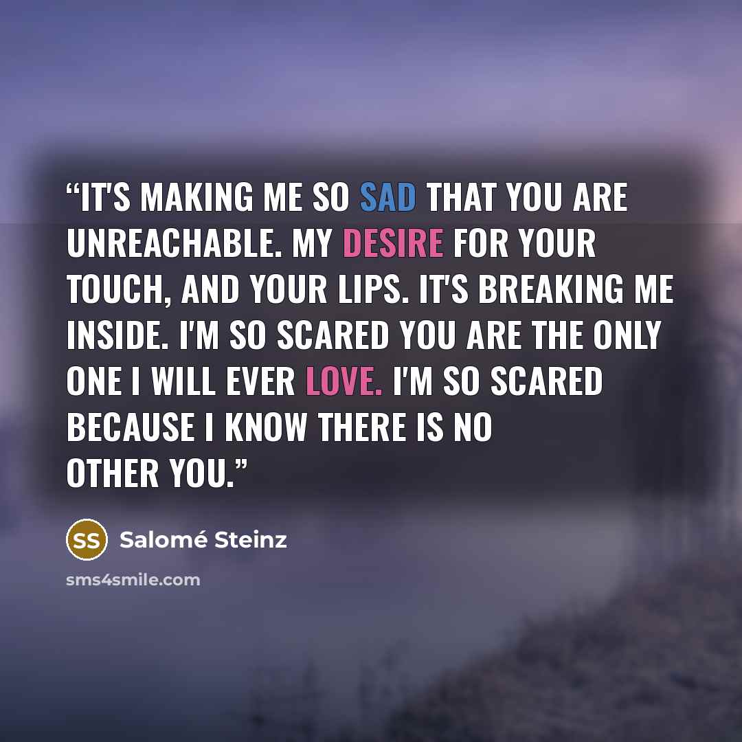 “It's making me so sad that you are unreachable. My desire for your touch, and your lips. It's breaking me inside. I'm so scared you are the only one i will ever love. I'm so scared because I know there is no other you.” quote by Salomé Steinz