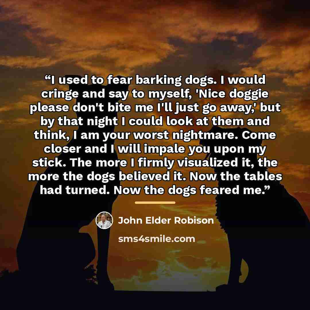 “I used to fear barking dogs. I would cringe and say to myself, 'Nice doggie please don't bite me I'll just go away,' but by that night I could look at them and think, I am your worst nightmare. Come closer and I will impale you upon my stick. The more I firmly visualized it, the more the dogs…” quote by John Elder Robison