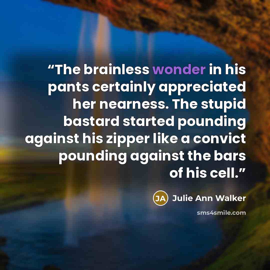 “The brainless wonder in his pants certainly appreciated her nearness. The stupid bastard started pounding against his zipper like a convict pounding against the bars of his cell.” quote by Julie Ann Walker