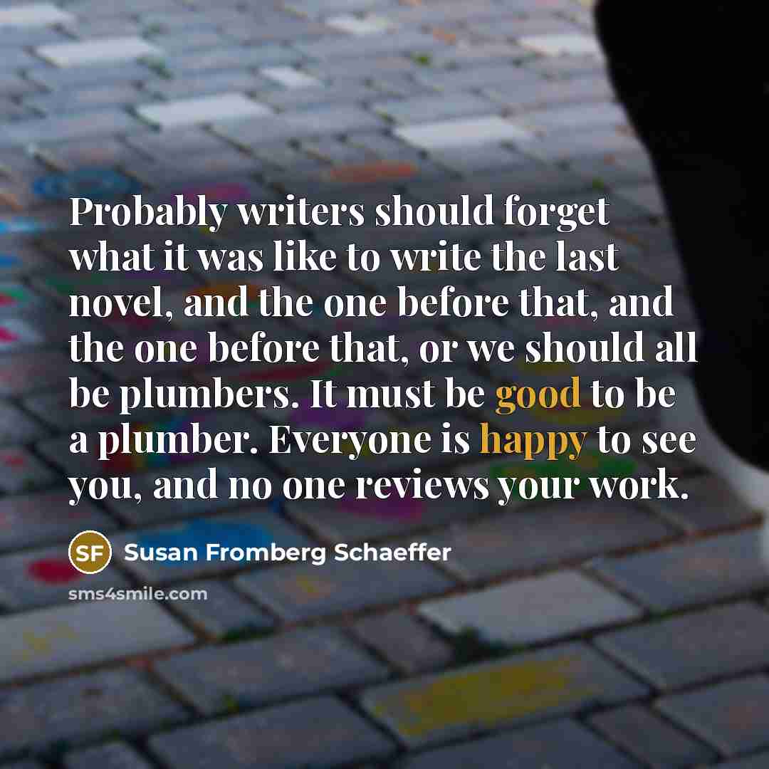 “Probably writers should forget what it was like to write the last novel, and the one before that, and the one before that, or we should all be plumbers. It must be good to be a plumber. Everyone is happy to see you, and no one reviews your work.” quote by Susan Fromberg Schaeffer
