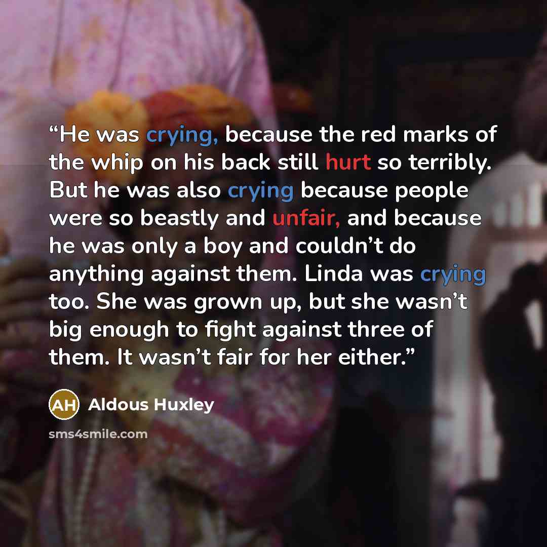 “He was crying, because the red marks of the whip on his back still hurt so terribly. But he was also crying because people were so beastly and unfair, and because he was only a boy and couldn’t do anything against them. Linda was crying too. She was grown up, but she wasn’t big enough to fight…” quote by Aldous Huxley
