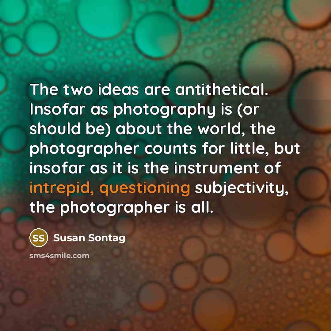 “The two ideas are antithetical. Insofar as photography is (or should be) about the world, the photographer counts for little, but insofar as it is the instrument of intrepid, questioning subjectivity, the photographer is all.” quote by Susan Sontag