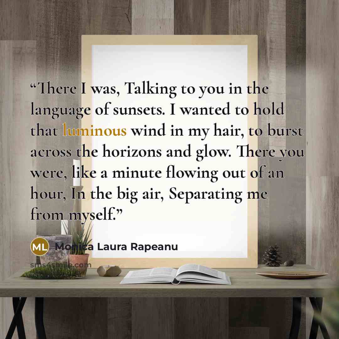 “There I was, Talking to you in the language of sunsets. I wanted to hold that luminous wind in my hair, to burst across the horizons and glow. There you were, like a minute flowing out of an hour, In the big air, Separating me from myself.” quote by Monica Laura Rapeanu