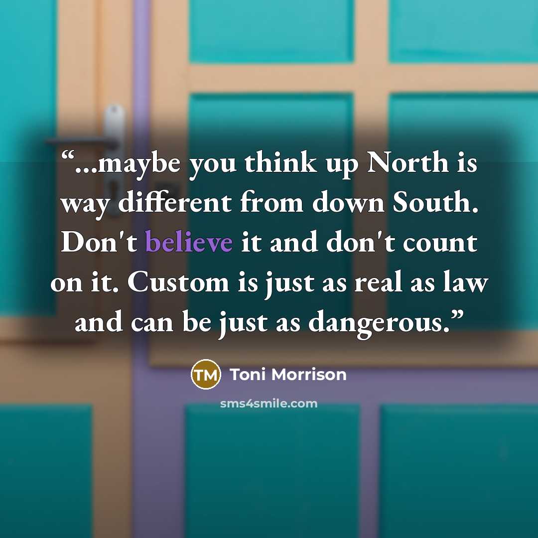 “...maybe you think up North is way different from down South. Don't believe it and don't count on it. Custom is just as real as law and can be just as dangerous.” quote by Toni Morrison