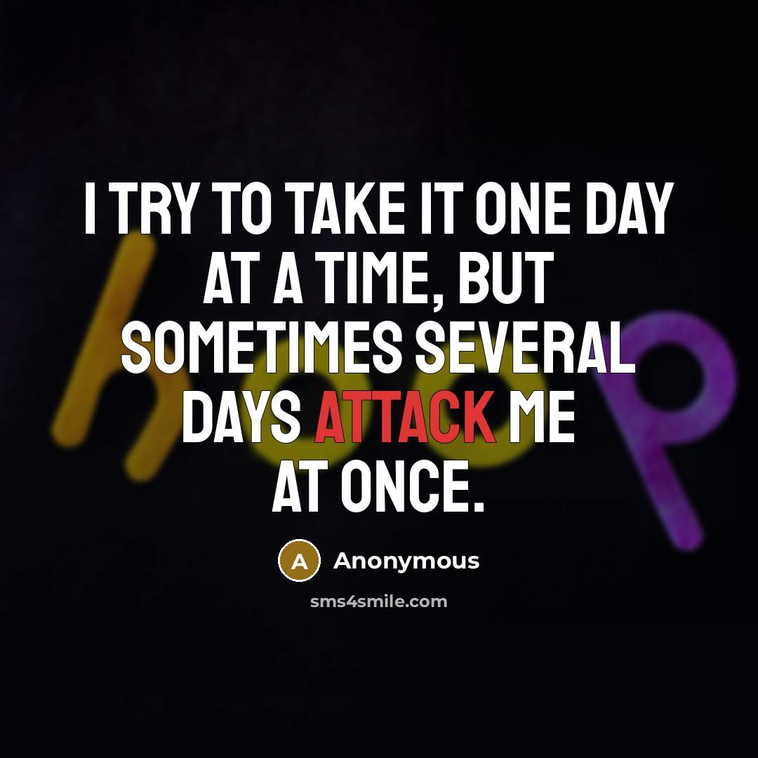 “I try to take it one day at a time, but sometimes several days attack me at once.” quote by Anonymous