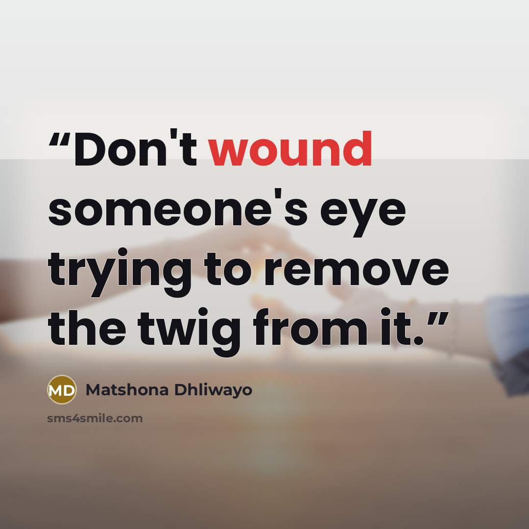 “Don't wound someone's eye trying to remove the twig from it.” quote by Matshona Dhliwayo