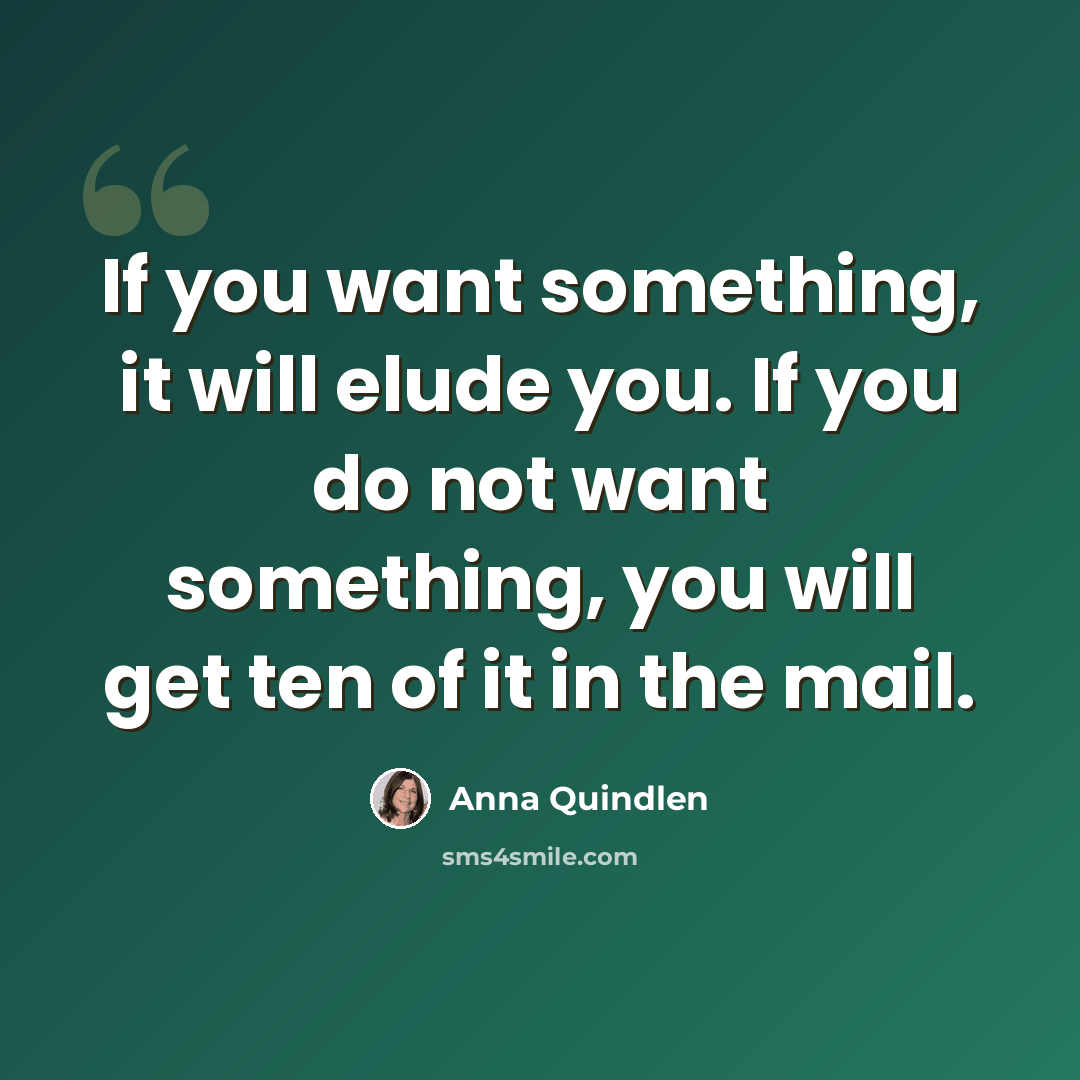 “If you want something, it will elude you. If you do not want something, you will get ten of it in the mail.” quote by Anna Quindlen