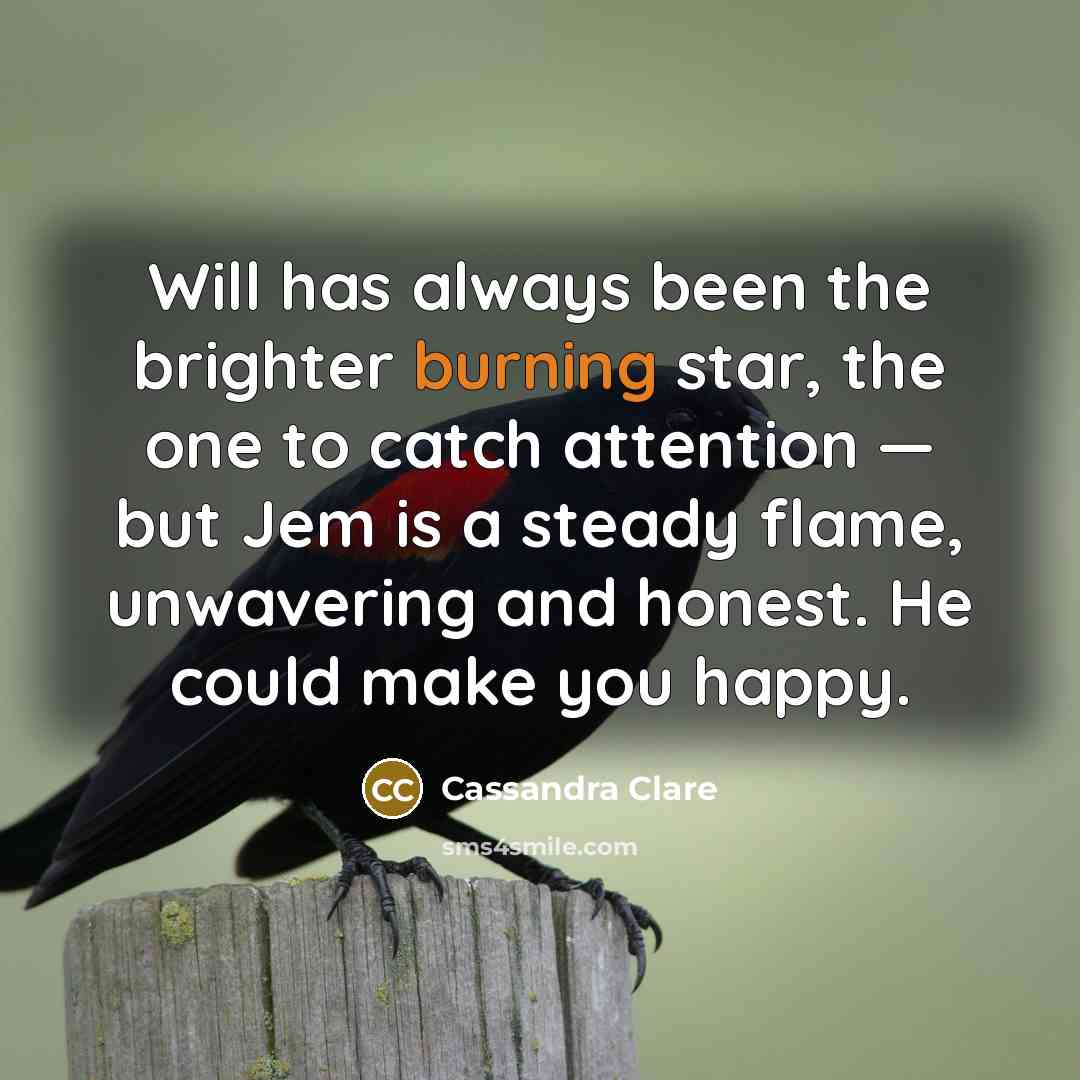 “Will has always been the brighter burning star, the one to catch attention — but Jem is a steady flame, unwavering and honest. He could make you happy.” quote by Cassandra Clare