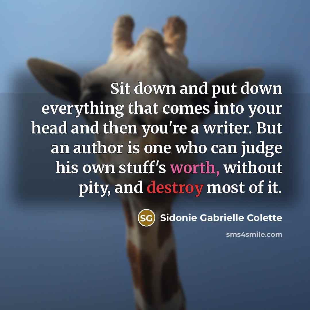“Sit down and put down everything that comes into your head and then you're a writer. But an author is one who can judge his own stuff's worth, without pity, and destroy most of it.” quote by Sidonie Gabrielle Colette