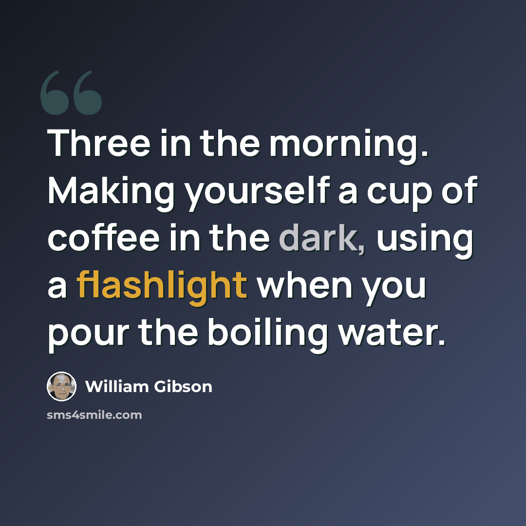 “Three in the morning. Making yourself a cup of coffee in the dark, using a flashlight when you pour the boiling water.” quote by William Gibson