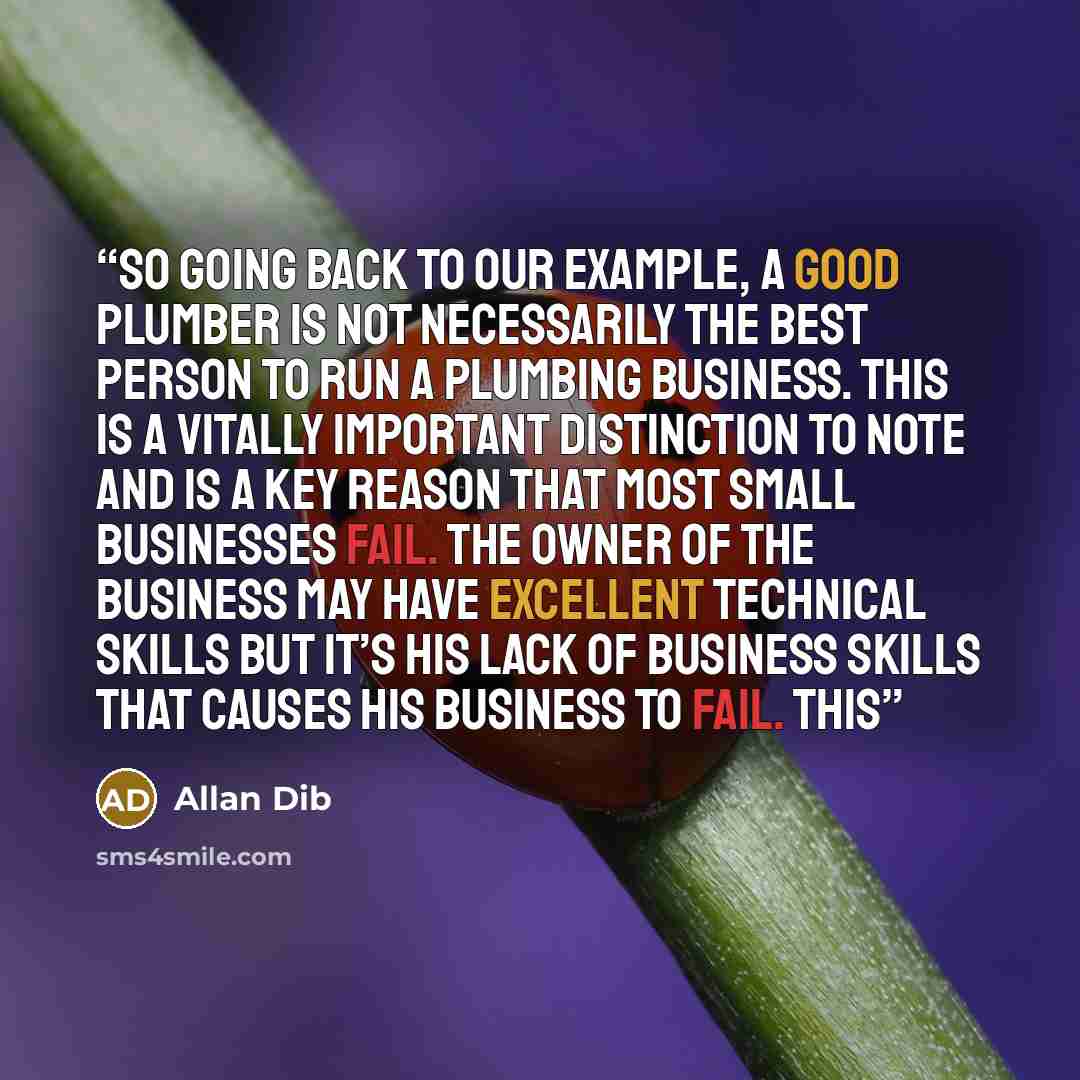 “So going back to our example, a good plumber is not necessarily the best person to run a plumbing business. This is a vitally important distinction to note and is a key reason that most small businesses fail. The owner of the business may have excellent technical skills but it’s his lack of…” quote by Allan Dib