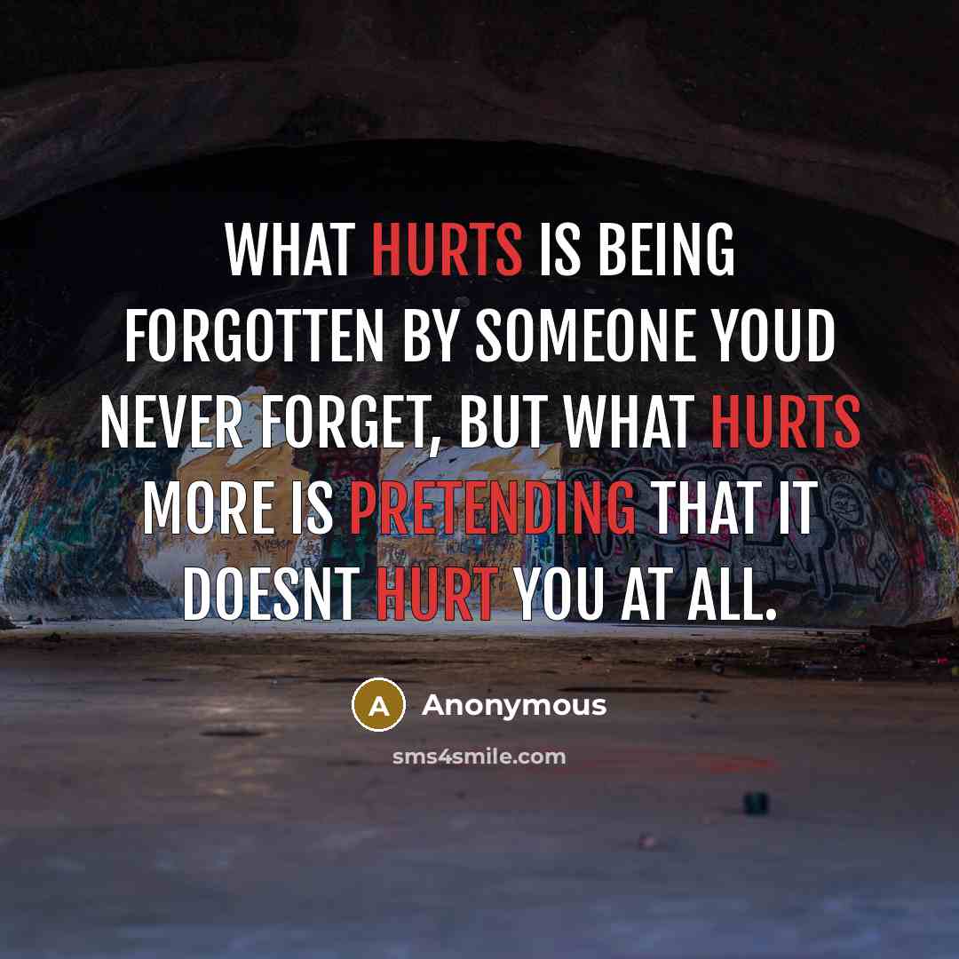 “What hurts is being forgotten by someone youd never forget, but what hurts more is pretending that it doesnt hurt you at all.” quote by Anonymous