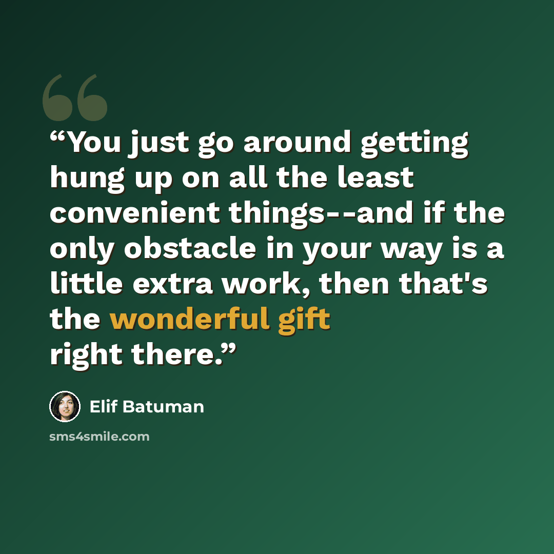 “You just go around getting hung up on all the least convenient things--and if the only obstacle in your way is a little extra work, then that's the wonderful gift right there.” quote by Elif Batuman