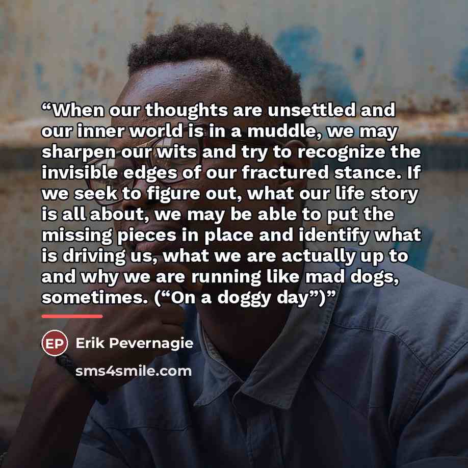 “When our thoughts are unsettled and our inner world is in a muddle, we may sharpen our wits and try to recognize the invisible edges of our fractured stance. If we seek to figure out, what our life story is all about, we may be able to put the missing pieces in place and identify what is driving…” quote by Erik Pevernagie