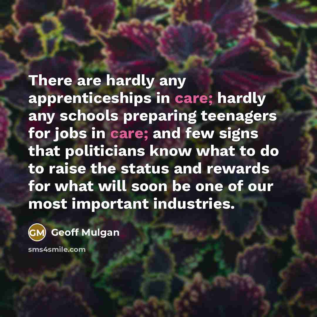 “There are hardly any apprenticeships in care; hardly any schools preparing teenagers for jobs in care; and few signs that politicians know what to do to raise the status and rewards for what will soon be one of our most important industries.” quote by Geoff Mulgan